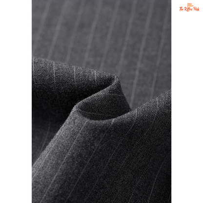 Retro Striped Wide Leg Pants – Dark Gray with straight loose fit, mid waist, button fly, and floor-length striped design for office autumn/winter wear.