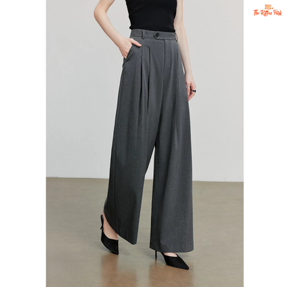 Retro Striped Wide Leg Pants – Dark Gray with straight loose fit, mid waist, button fly, and floor-length striped design for office autumn/winter wear.