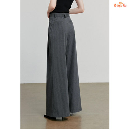 Retro Striped Wide Leg Pants – Dark Gray with straight loose fit, mid waist, button fly, and floor-length striped design for office autumn/winter wear.
