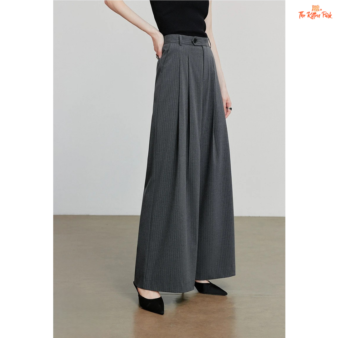 Retro Striped Wide Leg Pants – Dark Gray with straight loose fit, mid waist, button fly, and floor-length striped design for office autumn/winter wear.
