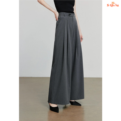 Retro Striped Wide Leg Pants – Dark Gray with straight loose fit, mid waist, button fly, and floor-length striped design for office autumn/winter wear.