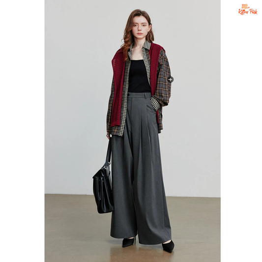 Retro Striped Wide Leg Pants – Dark Gray with straight loose fit, mid waist, button fly, and floor-length striped design for office autumn/winter wear.