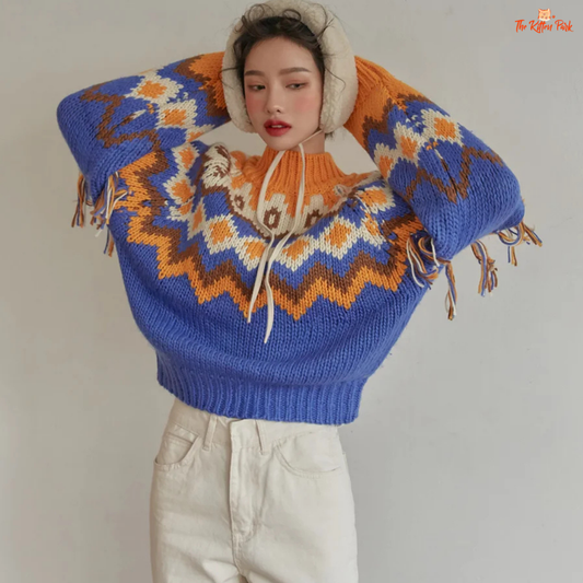 Retro Chic Tassel Trim Knit Sweater – Color Block Autumn Winter Top with hooded collar, tassel decoration, geometric color block pattern, vintage style.