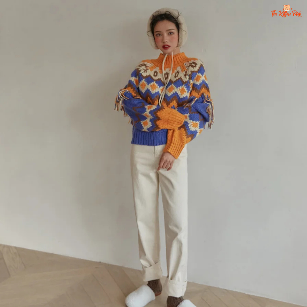 Retro Chic Tassel Trim Knit Sweater – Color Block Autumn Winter Top with hooded collar, tassel decoration, geometric color block pattern, vintage style.