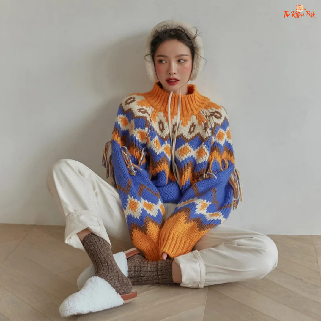 Retro Chic Tassel Trim Knit Sweater – Color Block Autumn Winter Top with hooded collar, tassel decoration, geometric color block pattern, vintage style.