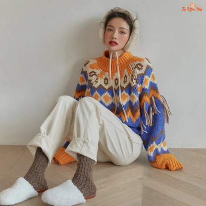 Retro Chic Tassel Trim Knit Sweater – Color Block Autumn Winter Top with hooded collar, tassel decoration, geometric color block pattern, vintage style.