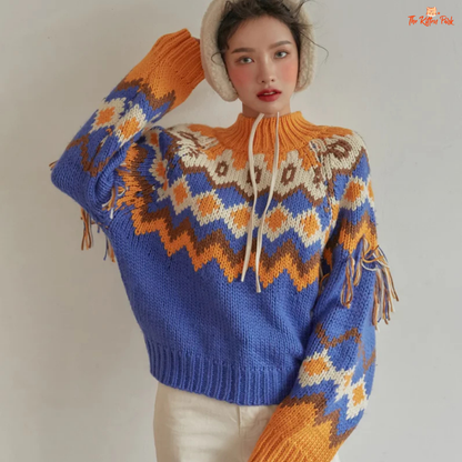 Retro Chic Tassel Trim Knit Sweater – Color Block Autumn Winter Top with hooded collar, tassel decoration, geometric color block pattern, vintage style.