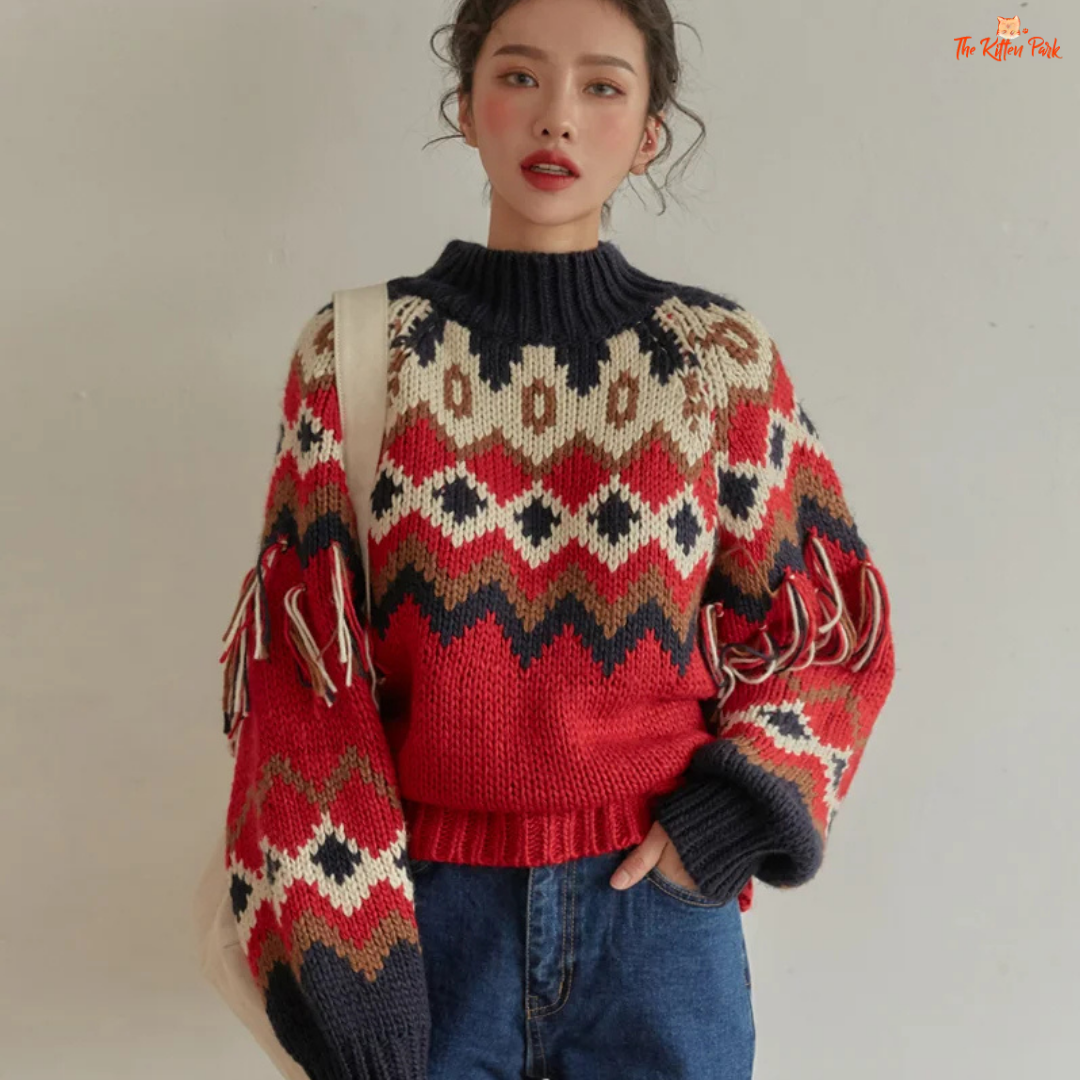 Retro Chic Tassel Trim Knit Sweater – Color Block Autumn Winter Top with hooded collar, tassel decoration, geometric color block pattern, vintage style.