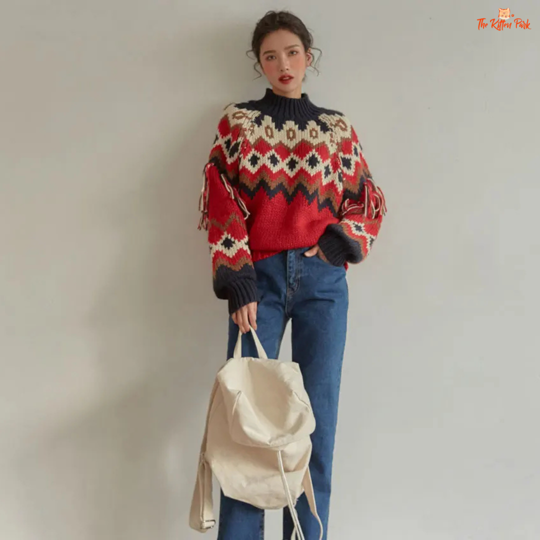 Retro Chic Tassel Trim Knit Sweater – Color Block Autumn Winter Top with hooded collar, tassel decoration, geometric color block pattern, vintage style.