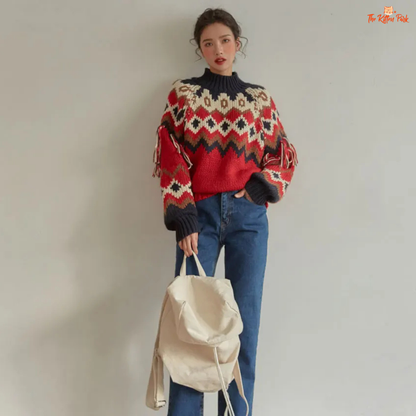 Retro Chic Tassel Trim Knit Sweater – Color Block Autumn Winter Top with hooded collar, tassel decoration, geometric color block pattern, vintage style.