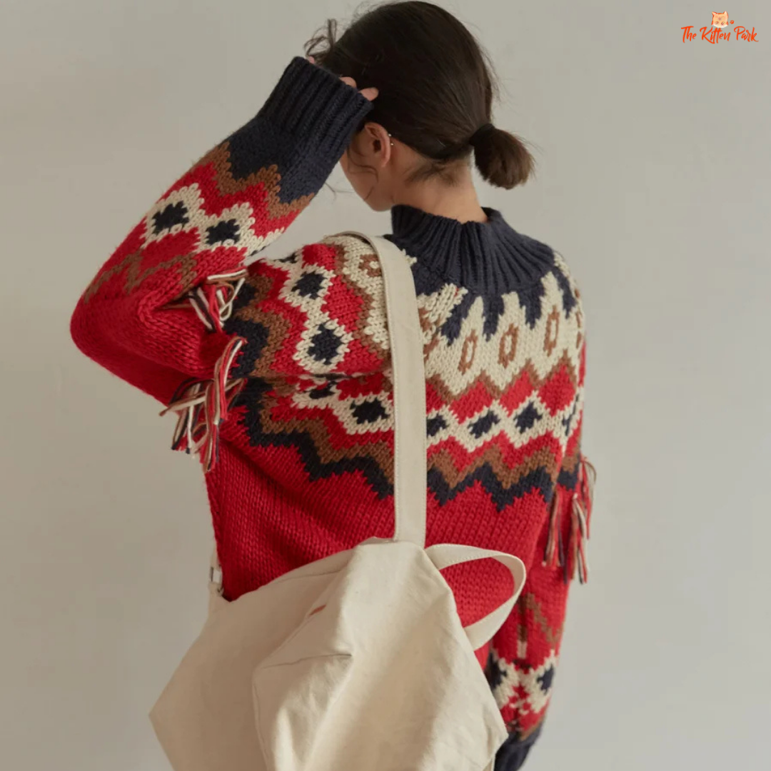 Retro Chic Tassel Trim Knit Sweater – Color Block Autumn Winter Top with hooded collar, tassel decoration, geometric color block pattern, vintage style.