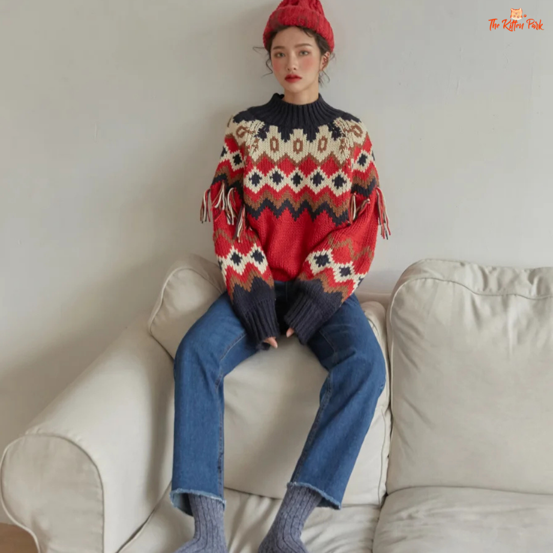 Retro Chic Tassel Trim Knit Sweater – Color Block Autumn Winter Top with hooded collar, tassel decoration, geometric color block pattern, vintage style.