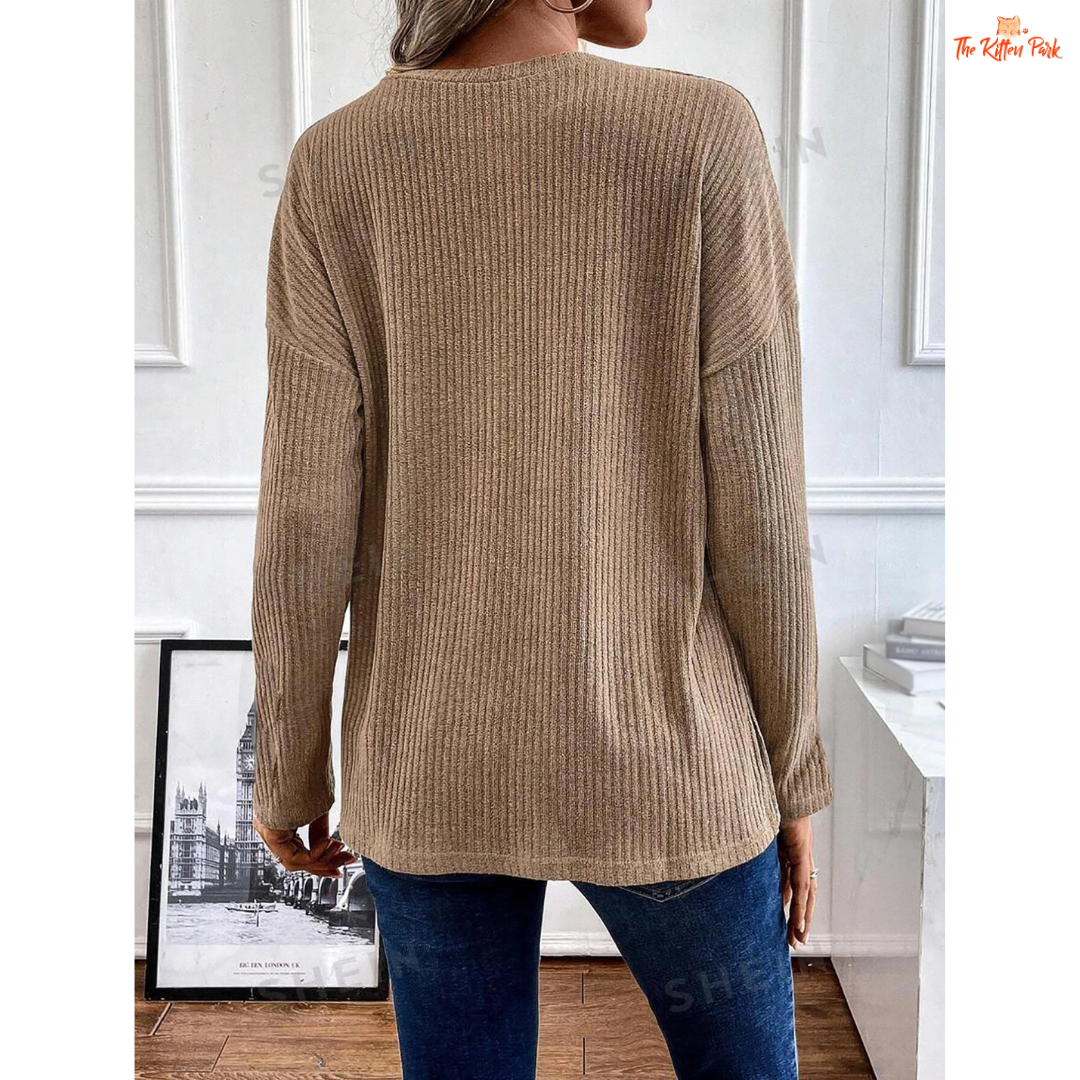 Ribbed V-Neck Knitted Pullover Women Solid Color Top in polyester with ribbed texture, V-neck collar, button detail, medium stretch and regular fit for autumn and winter.