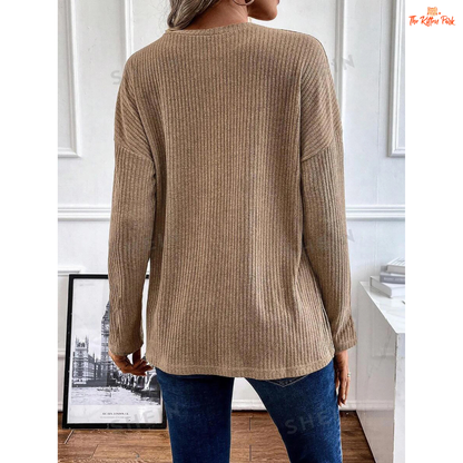 Ribbed V-Neck Knitted Pullover Women Solid Color Top in polyester with ribbed texture, V-neck collar, button detail, medium stretch and regular fit for autumn and winter.