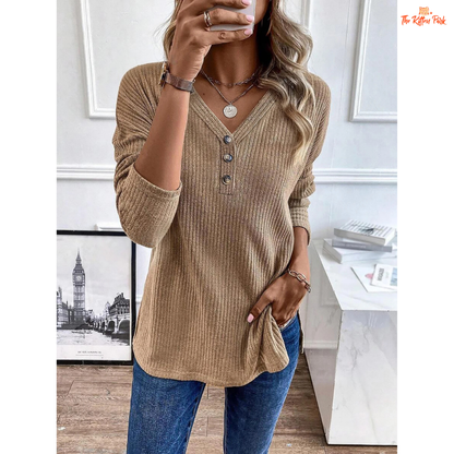 Ribbed V-Neck Knitted Pullover Women Solid Color Top in polyester with ribbed texture, V-neck collar, button detail, medium stretch and regular fit for autumn and winter.