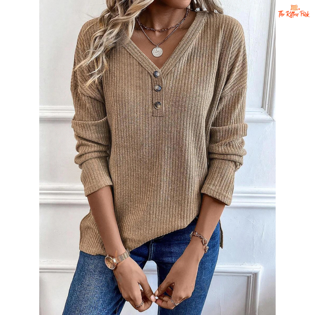 Ribbed V-Neck Knitted Pullover Women Solid Color Top in polyester with ribbed texture, V-neck collar, button detail, medium stretch and regular fit for autumn and winter.