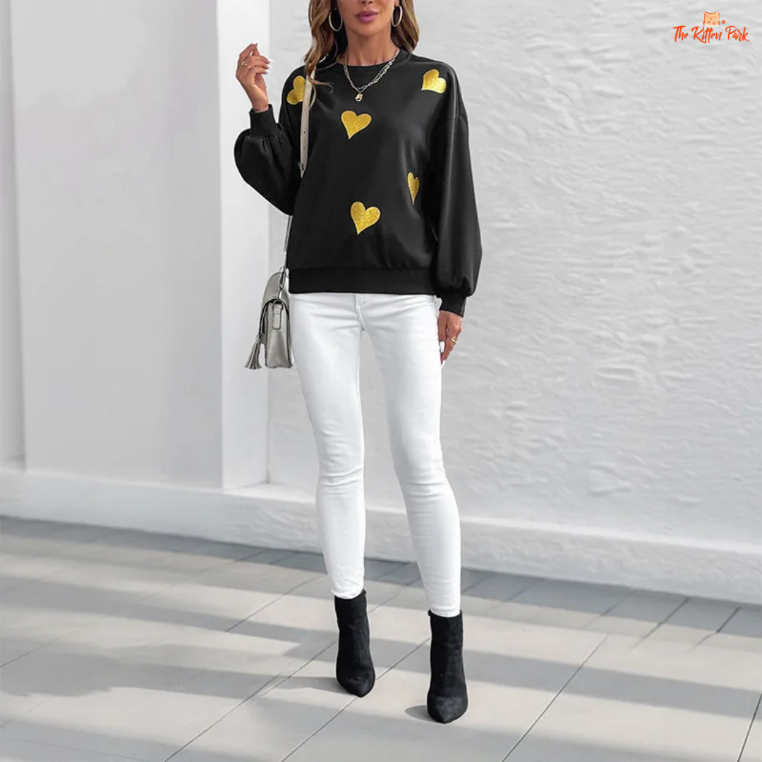 Romantic Love Print Sweatshirt with loose fit, round neck, full sleeves, and thick polyester fabric for cozy autumn-winter wear.