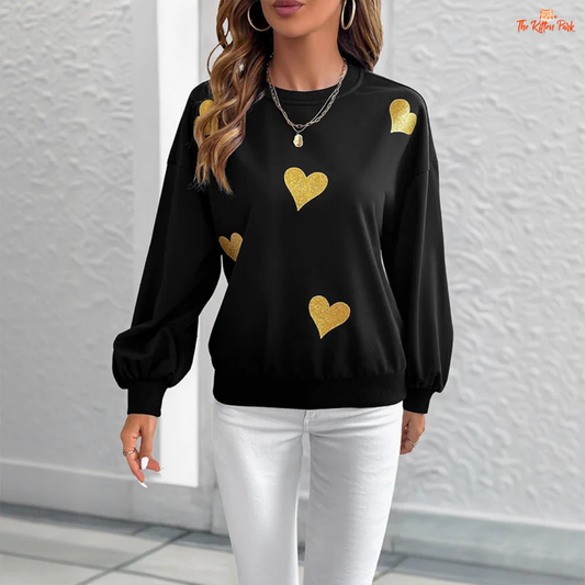 Romantic Love Print Sweatshirt with loose fit, round neck, full sleeves, and thick polyester fabric for cozy autumn-winter wear.