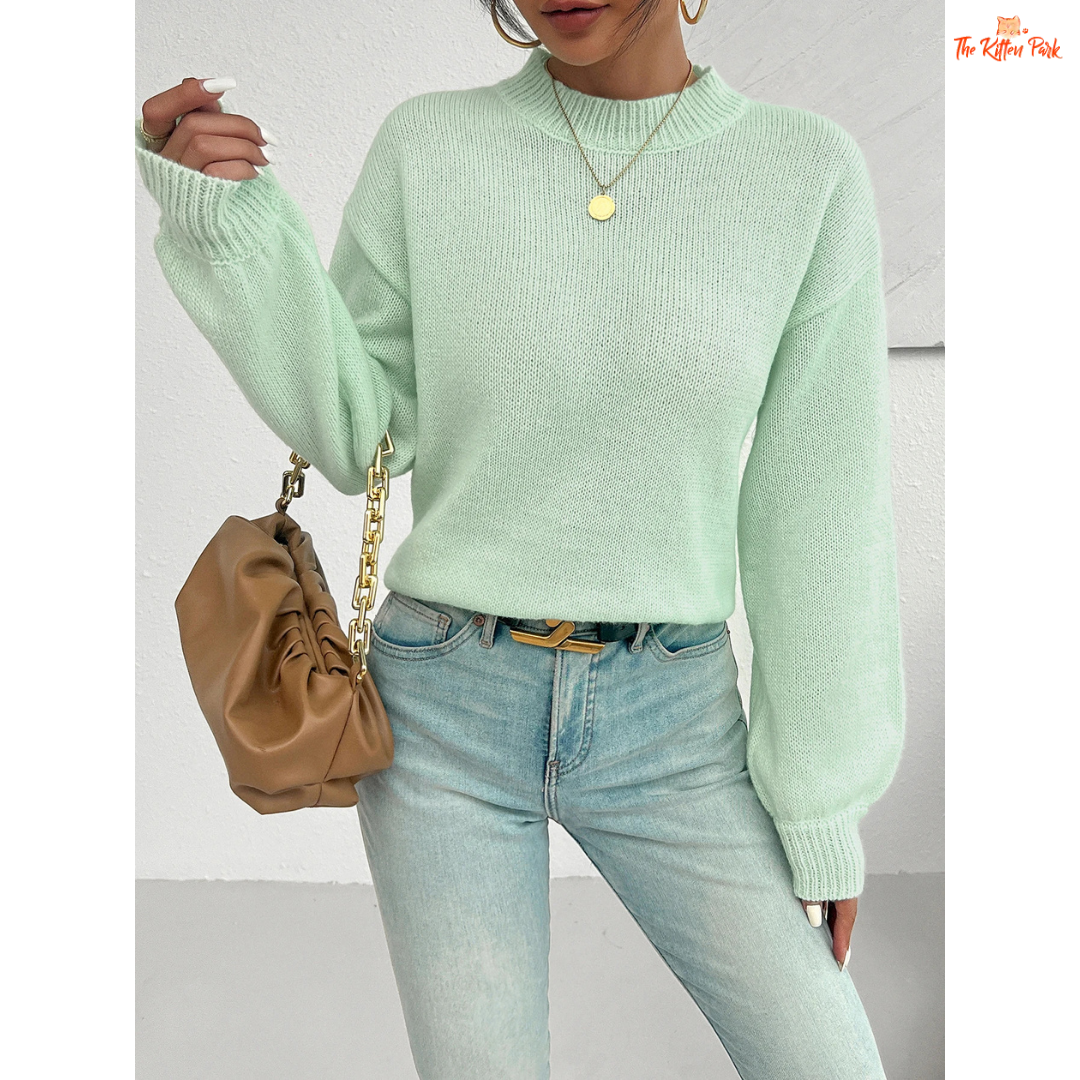 Round Neck Long Sleeve Shoulder Knit Sweater for Women – heavyweight acrylic knit pullover with O-neck, full regular sleeves and medium stretch; regular fit, ideal for autumn and winter casual wear.