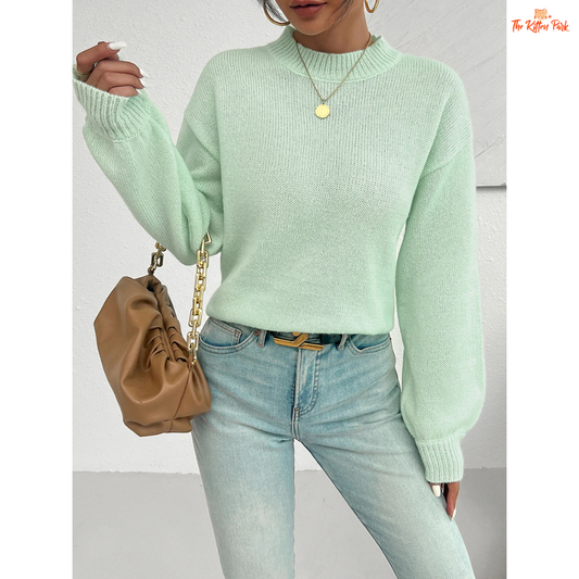 Round Neck Long Sleeve Shoulder Knit Sweater for Women – heavyweight acrylic knit pullover with O-neck, full regular sleeves and medium stretch; regular fit, ideal for autumn and winter casual wear.