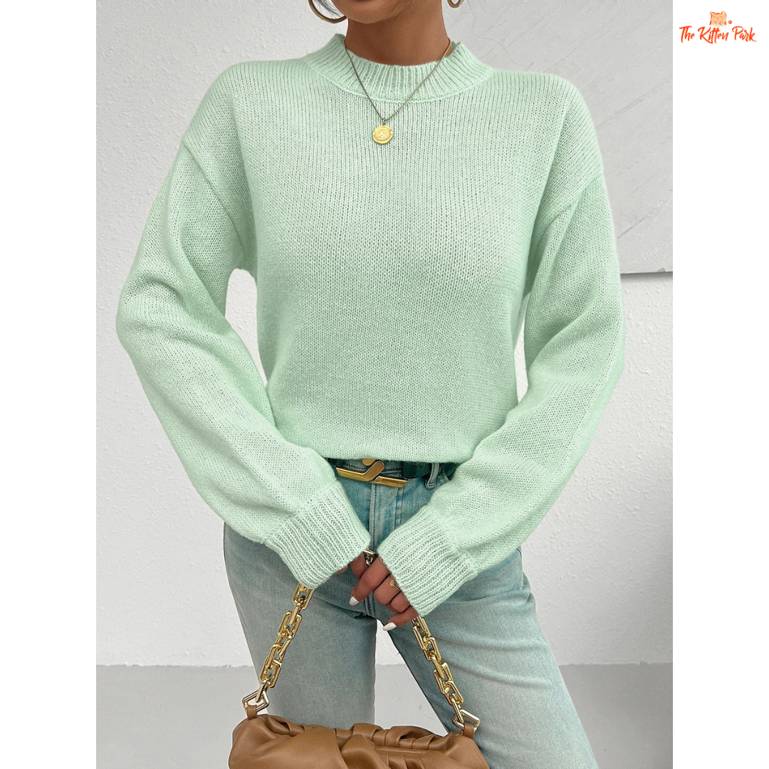 Round Neck Long Sleeve Shoulder Knit Sweater for Women – heavyweight acrylic knit pullover with O-neck, full regular sleeves and medium stretch; regular fit, ideal for autumn and winter casual wear.