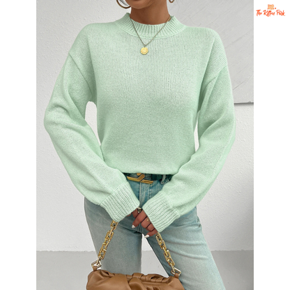 Round Neck Long Sleeve Shoulder Knit Sweater for Women – heavyweight acrylic knit pullover with O-neck, full regular sleeves and medium stretch; regular fit, ideal for autumn and winter casual wear.