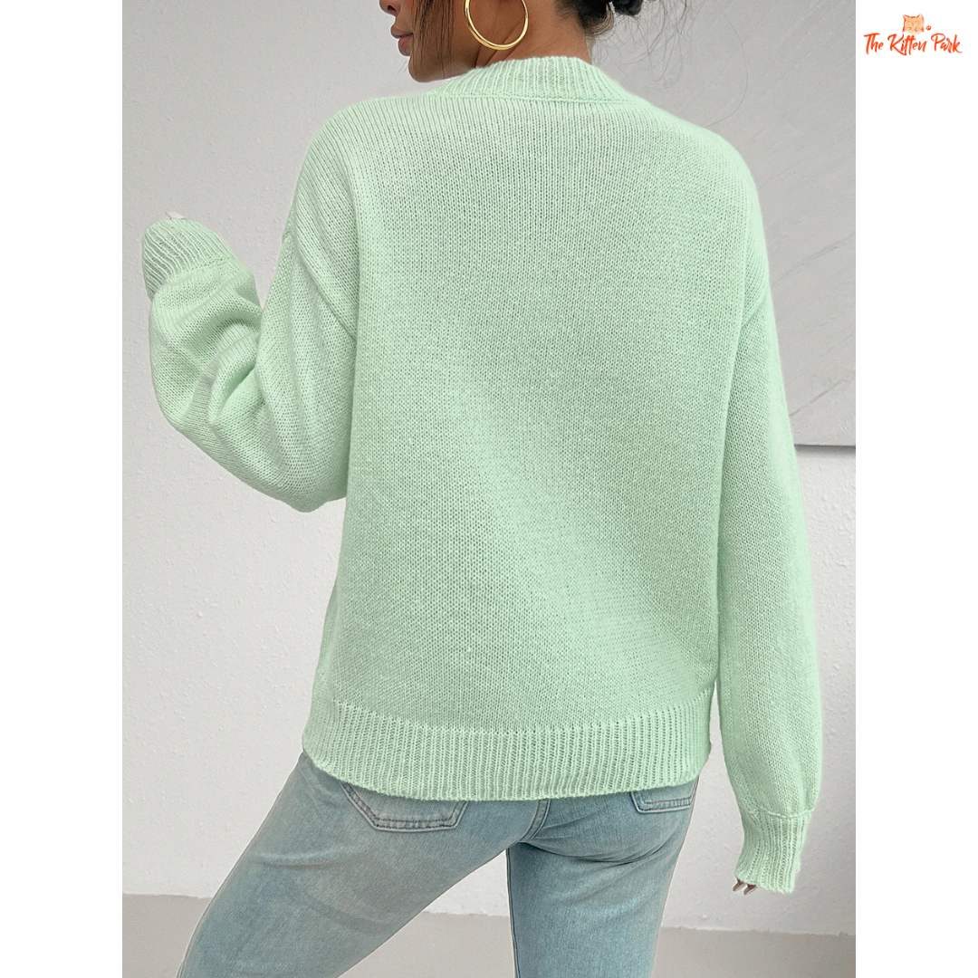 Round Neck Long Sleeve Shoulder Knit Sweater for Women – heavyweight acrylic knit pullover with O-neck, full regular sleeves and medium stretch; regular fit, ideal for autumn and winter casual wear.