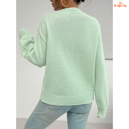 Round Neck Long Sleeve Shoulder Knit Sweater for Women – heavyweight acrylic knit pullover with O-neck, full regular sleeves and medium stretch; regular fit, ideal for autumn and winter casual wear.