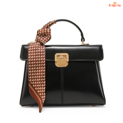 Soft split leather women’s square crossbody bag featuring elegant scarf decor, hasp closure, and fashion-forward minimalist design.