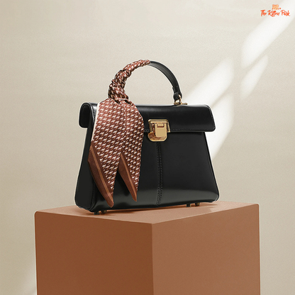 Soft split leather women’s square crossbody bag featuring elegant scarf decor, hasp closure, and fashion-forward minimalist design.