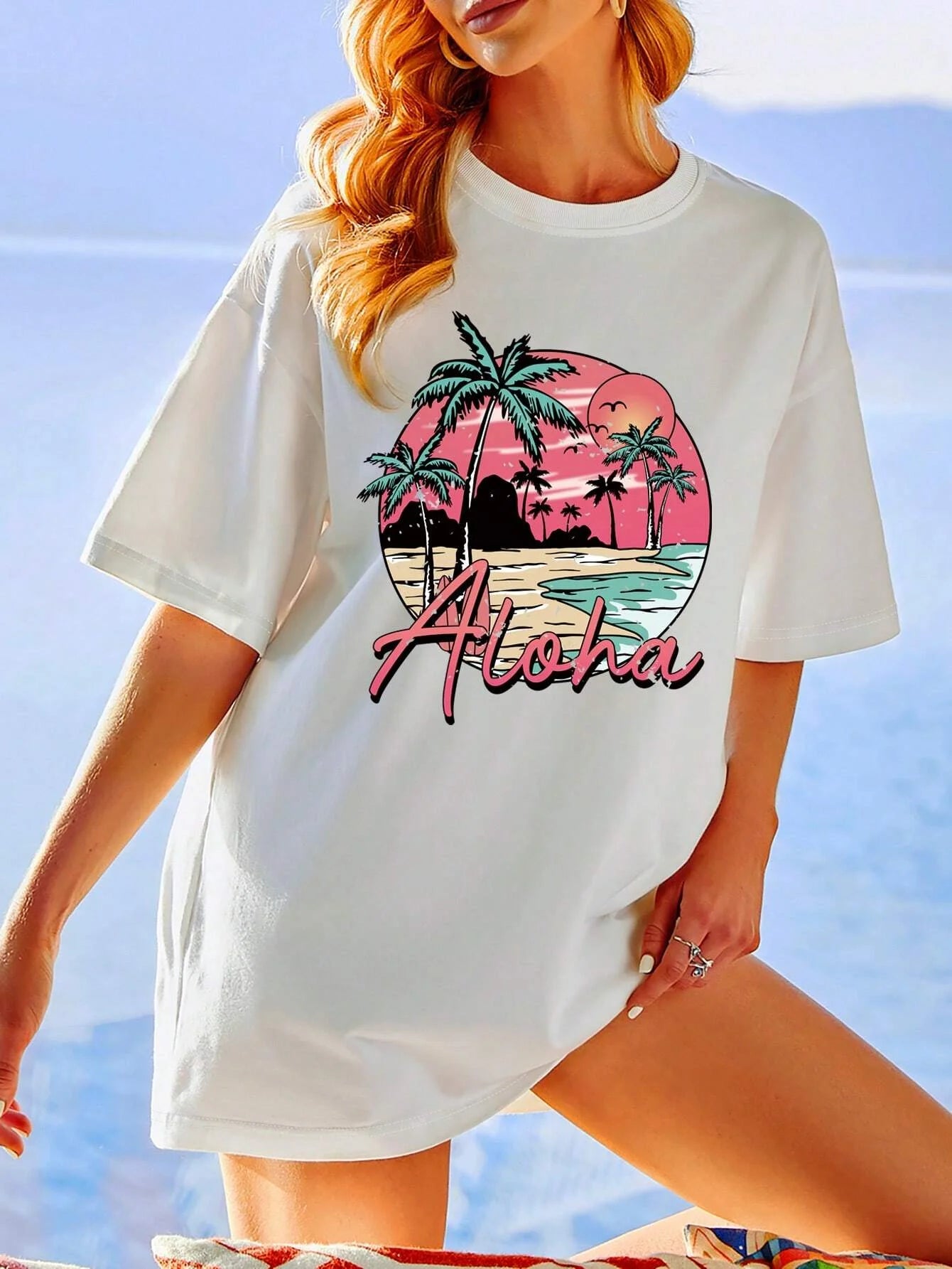 Oversized Cotton Aloha Hawaii Sunset Tee