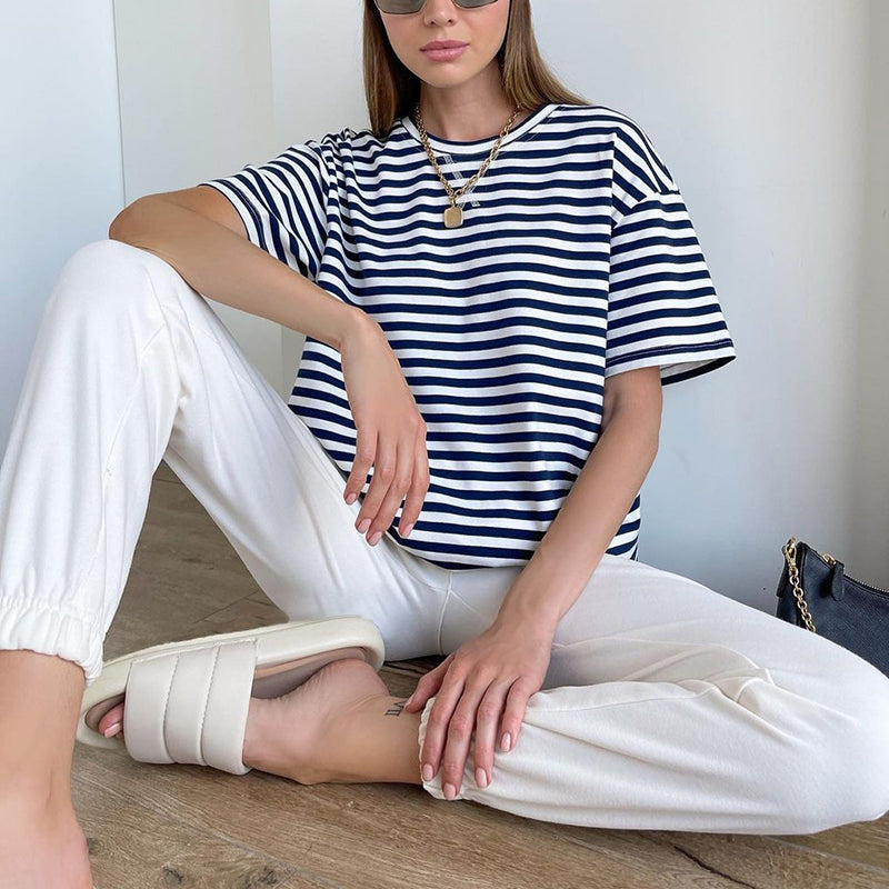 Casual Short Sleeve Striped Women T-Shirts