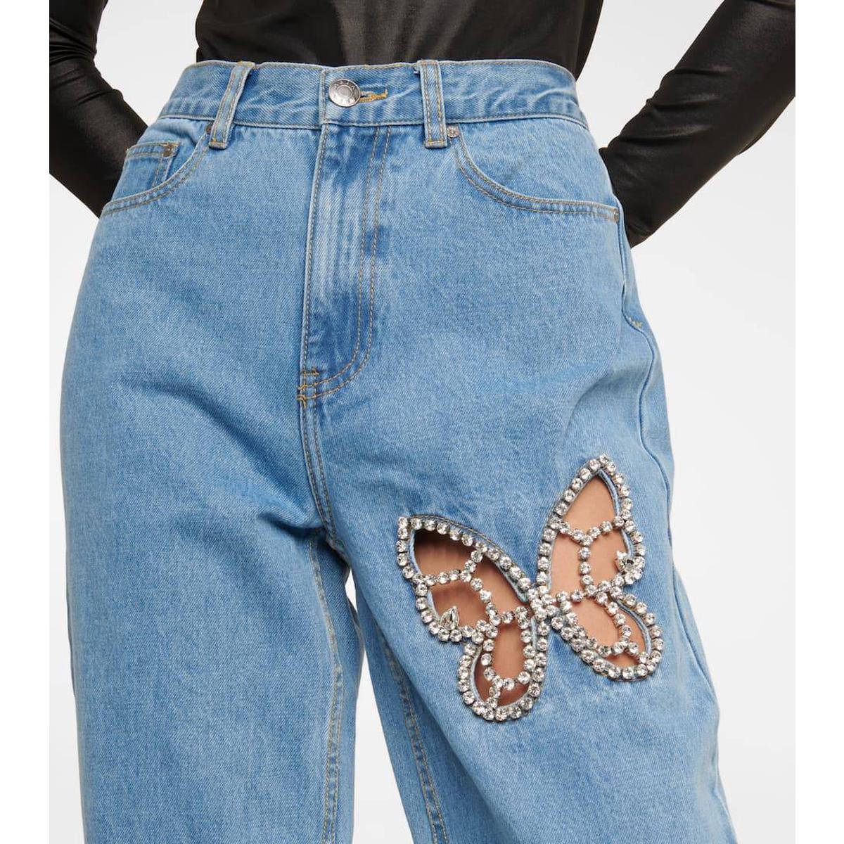 Blue Diamond-Studded Hollow Straight Jeans for Women