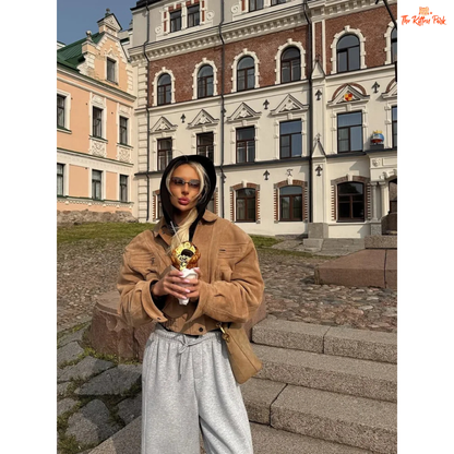A women's camel suede cropped jacket with turn-down lapel collar, zipper closure, and pockets, designed for chic streetwear in autumn and winter.

