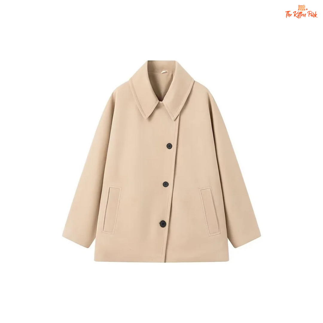 A women’s solid color lapel jacket in beige with single-breasted closure, loose fit, and casual long-sleeve design for autumn and winter wear.