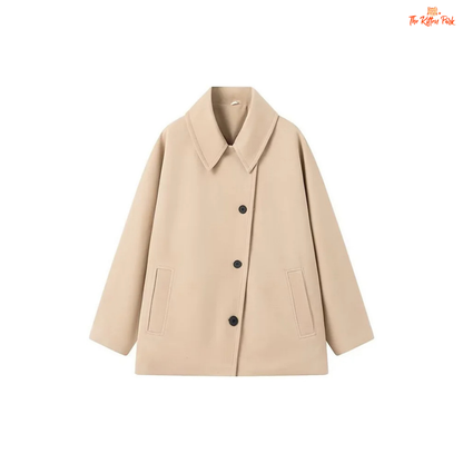 A women’s solid color lapel jacket in beige with single-breasted closure, loose fit, and casual long-sleeve design for autumn and winter wear.