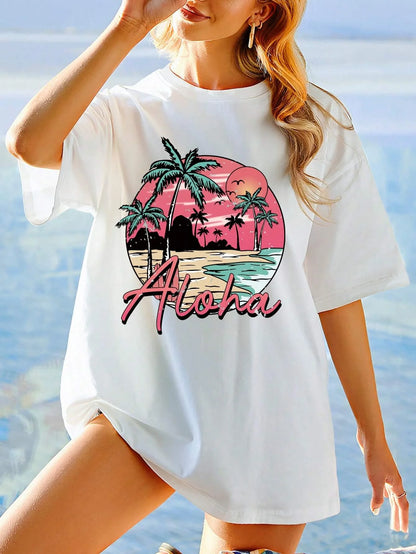 Oversized Cotton Aloha Hawaii Sunset Tee