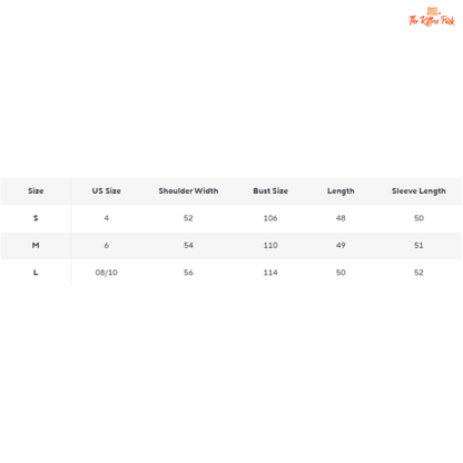 Size chart for clothing with shoulder width, bust size, length, and sleeve length measurements.