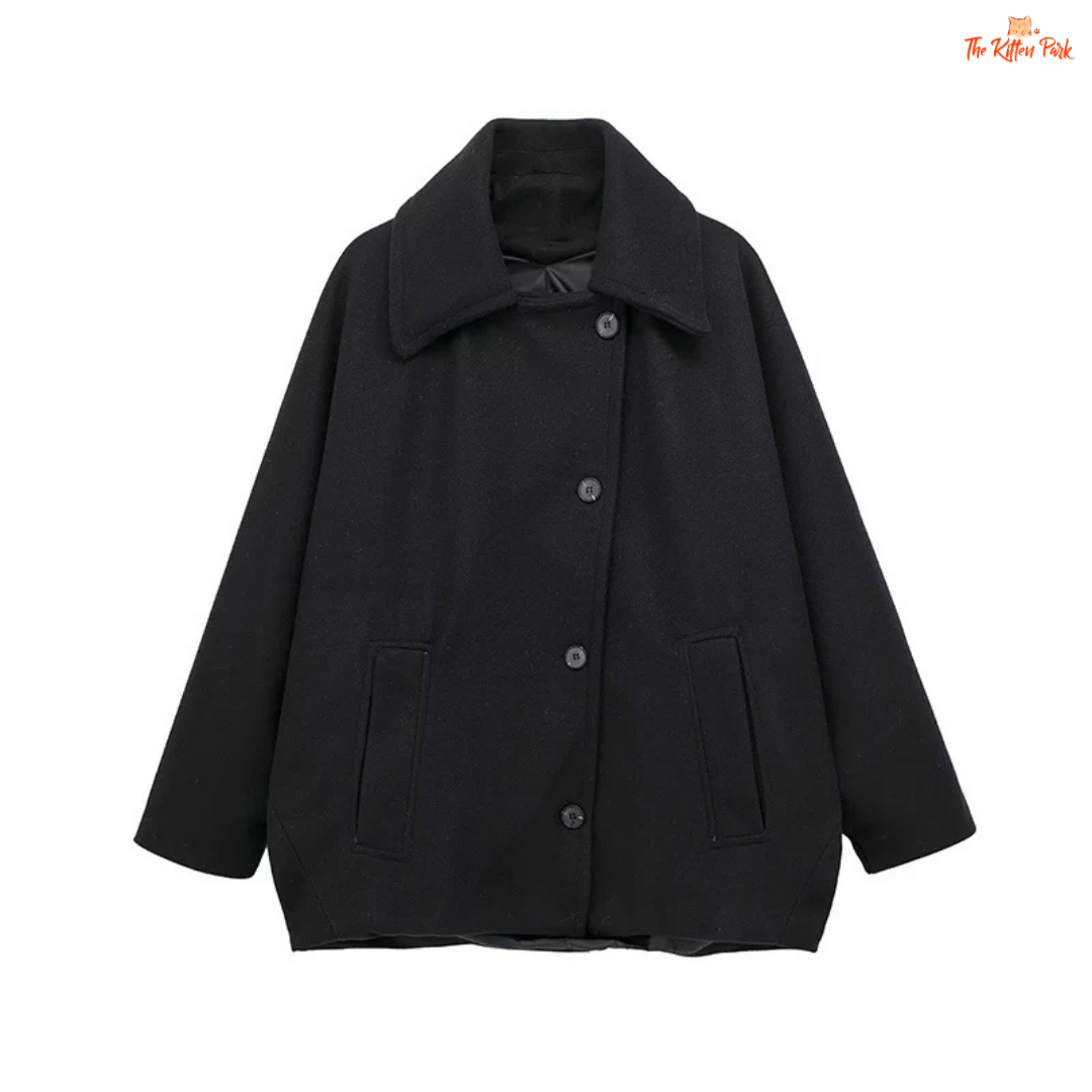 A women’s solid color lapel jacket in beige with single-breasted closure, loose fit, and casual long-sleeve design for autumn and winter wear.