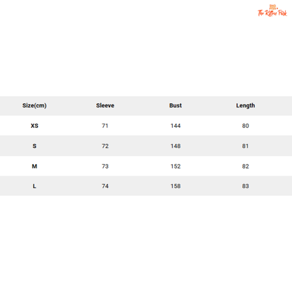 Size chart for clothing with measurements in centimeters