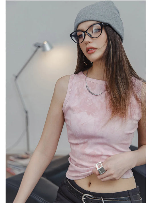 2025 Summer Women's Tie-Dye Knit Tank Top – Slim Sleeveless Round Neck Camisole, Cute Pink Crop Vest