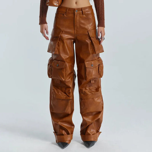 Pocketed Chic Leather Cargo Pants