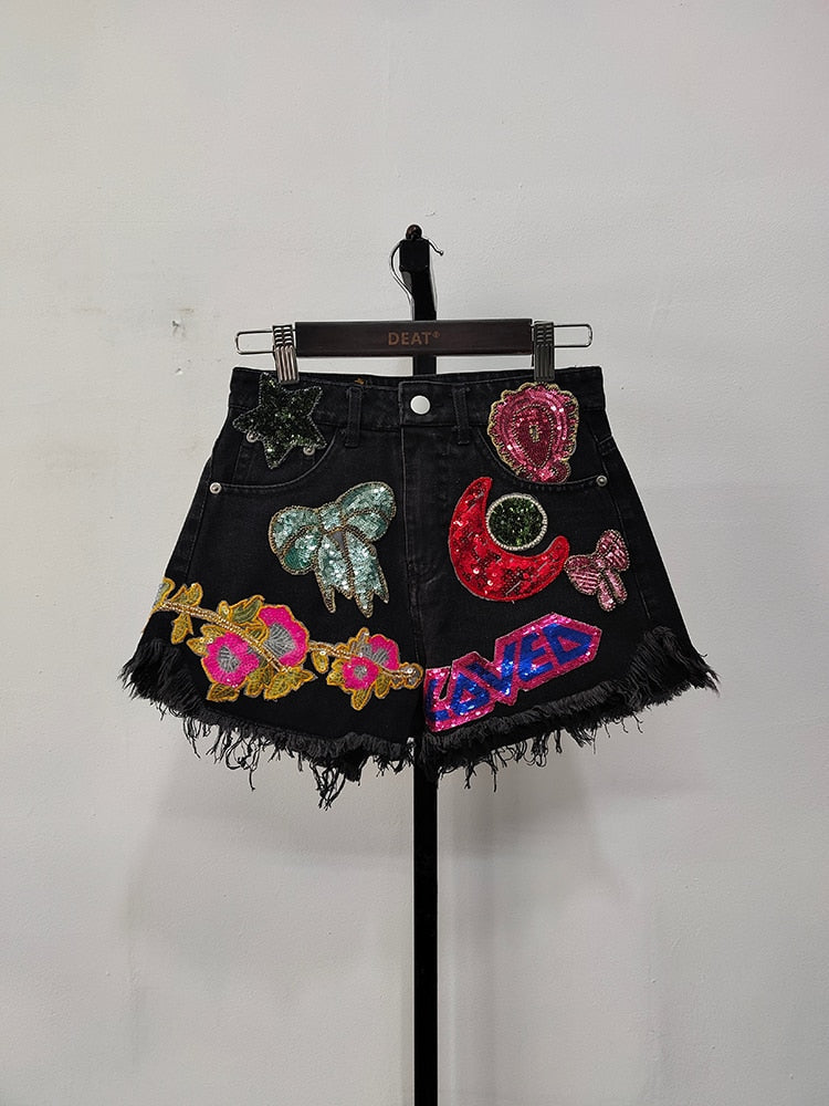 Moon Stars Sequins Embroidery Denim Shorts