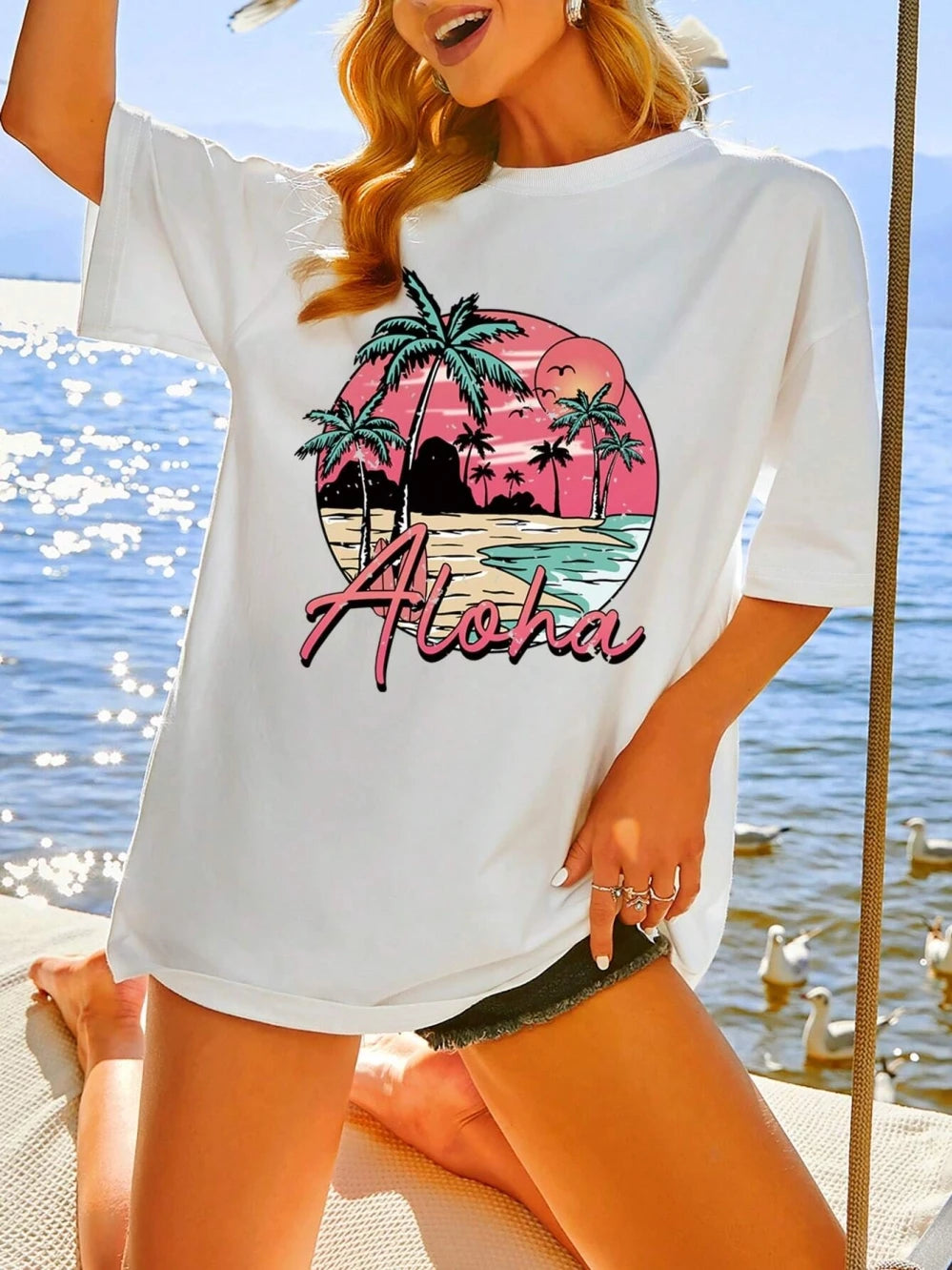 Oversized Cotton Aloha Hawaii Sunset Tee