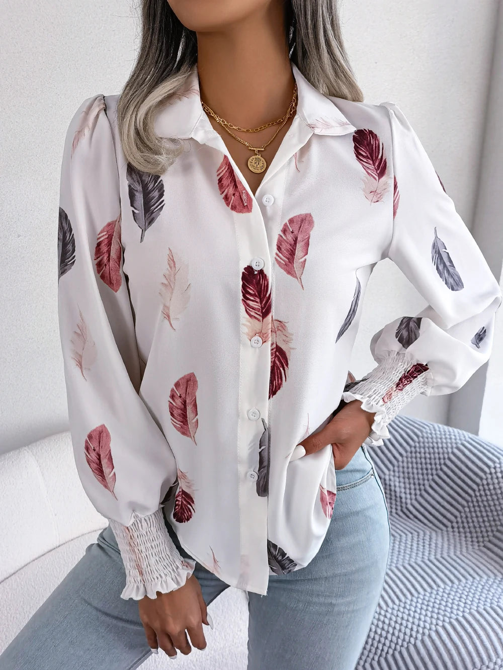 Feather Bloom Collared Spring Shirt
