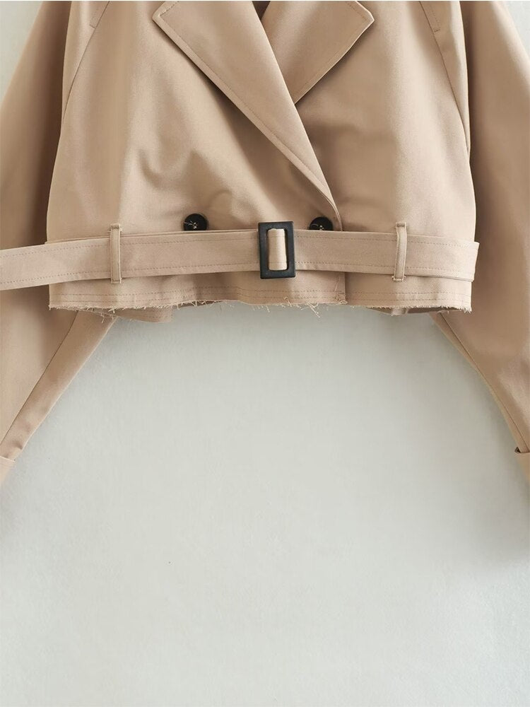Belted Double-Button Fashion Cropped Trench