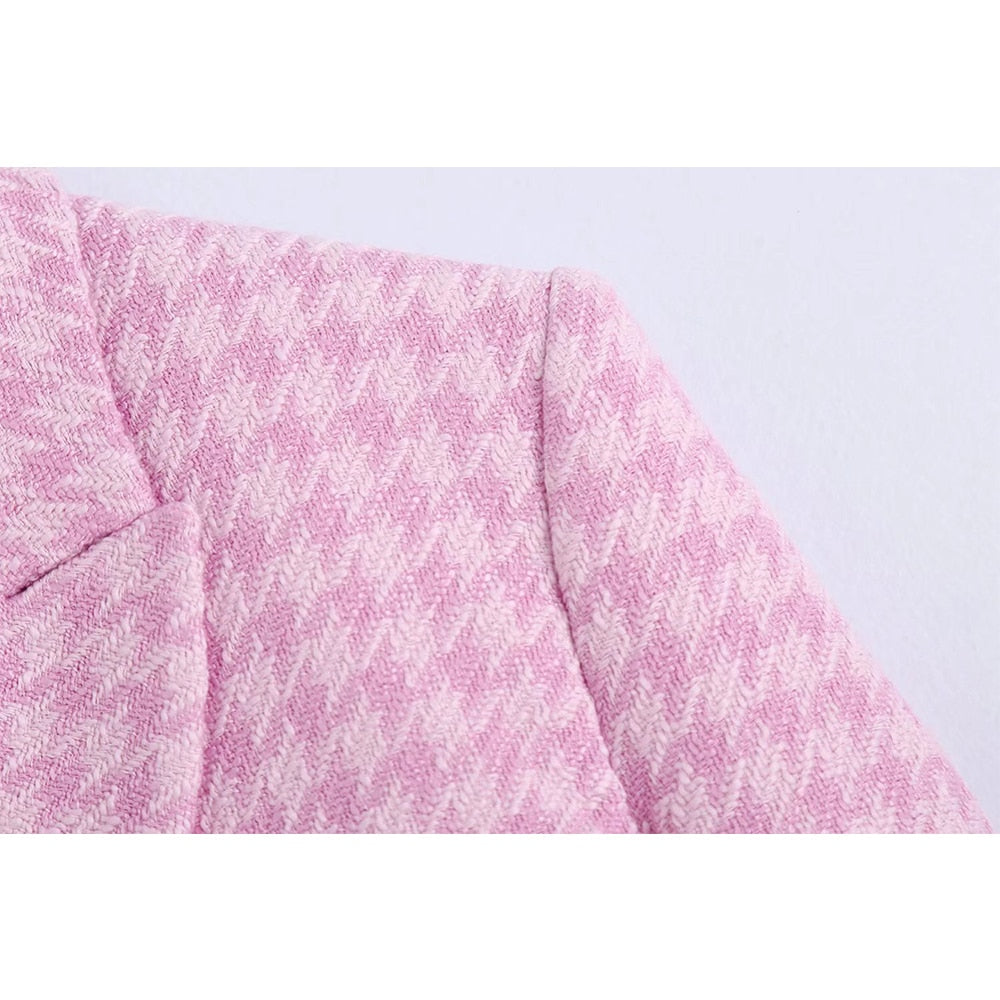 Pink Plaid Elegant Women Jacket Shorts Set