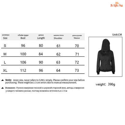 Size chart and weight information for a black hoodie on a white background