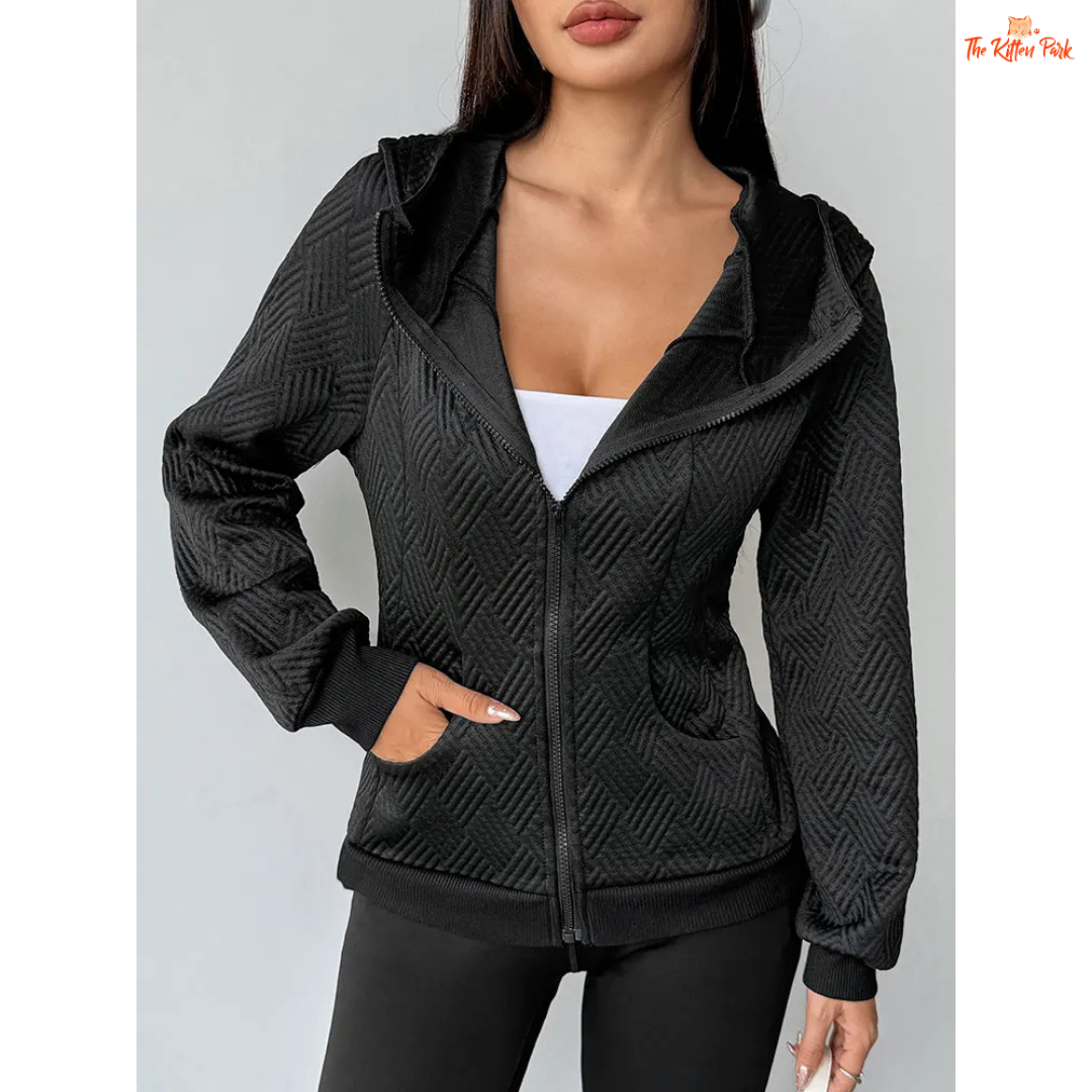 A modern women’s zip-up streetwear top featuring a hood, wool-lined interior, and sleek sporty design