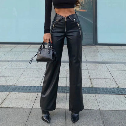 Zippered Chic Clubwear Leather Trousers
